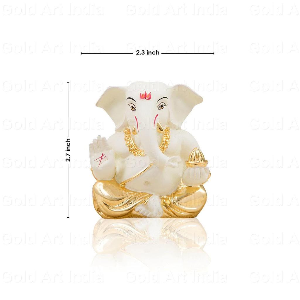 Gold Plated Ceramic Appu Ganesh Idol for Car Dashboard Small Ganesha Murti Ganpati Idol for Home Decor
