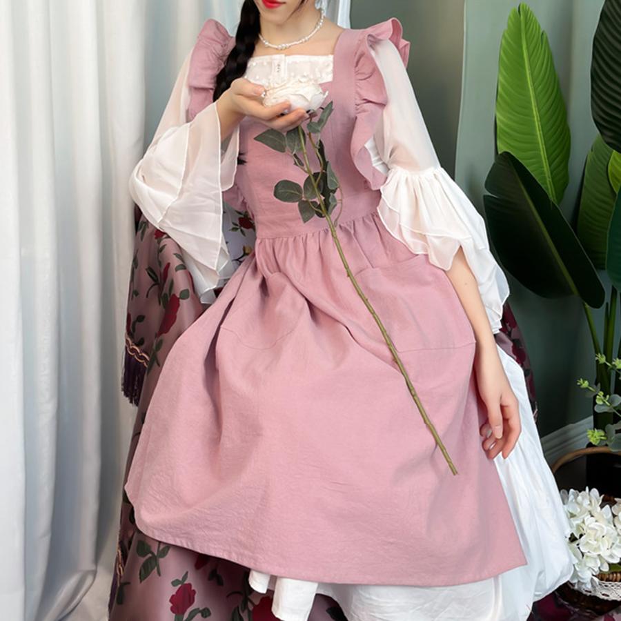 Cross Back Apron Kitchen Apron Ruffled with Pockets for Chef Gardening Pink Work Women with Big Pinafore Dress Cooking Baking