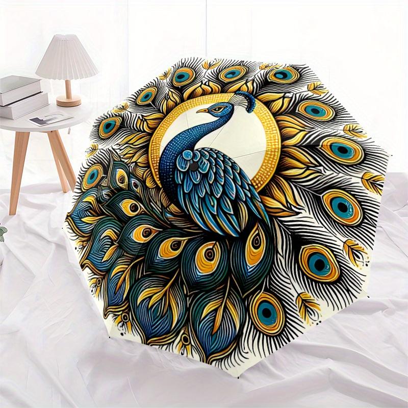 1pz Mandala Piuma di Pavone Apertura Automatica, Robusto Telaio in Ferro, Design Pieghevole Compatto, Ombrello Portatile per Tutte le Stagioni per Donne e Uomini, da Esterno