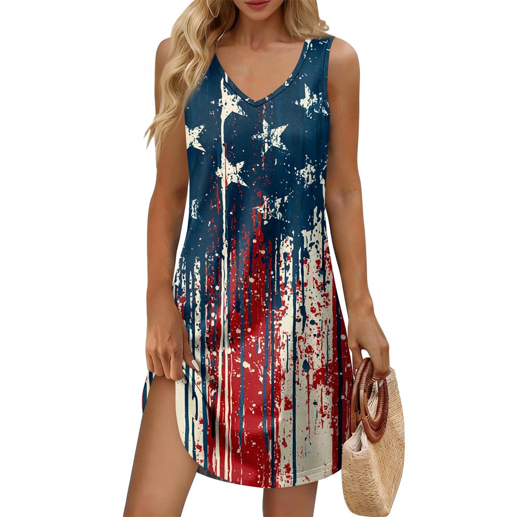 Women's Summer Casual Sun Skirt With Pocket V-Neck Independence Day Printed Loose Vest Dress