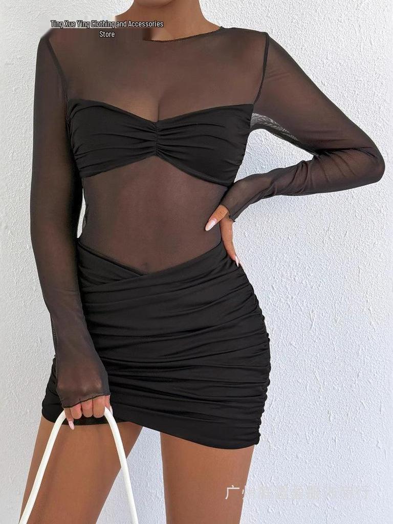 Damska Seksowna Okrągły Dekolt Siatkowe Wstawki Plisowana Sukienka