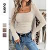 New Women's T-shirt Square Collar Pullover Slim Knitted Long Sleeve Base Shirt