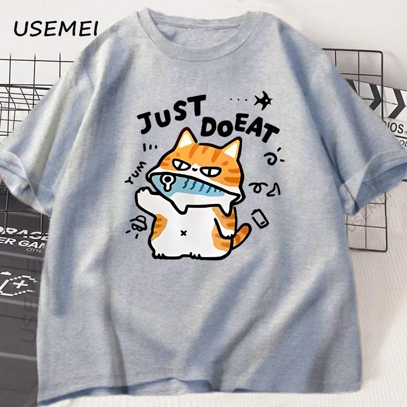 Funny Cat Eat Fish T-shirt for Women Summer Tops Tshirts O-neck Women Clothing Streetwear Short Sleeve T Shirt