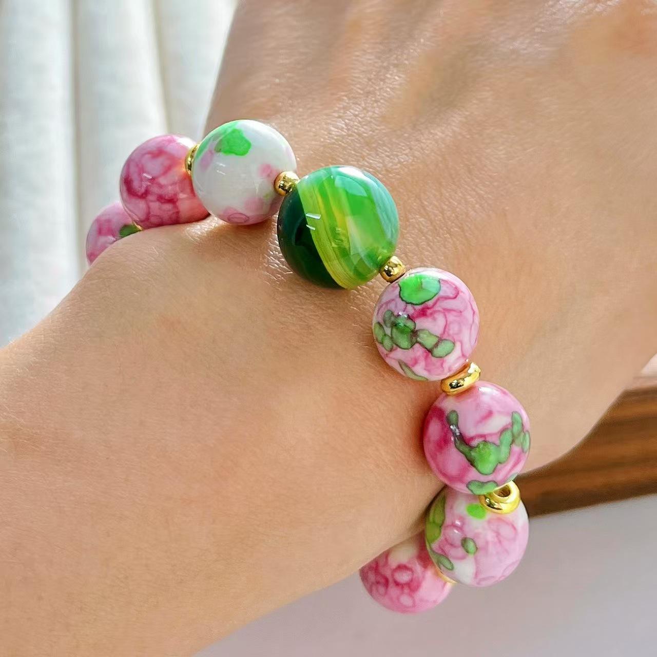 14Mm Large Particle Natural Chalcedony 12Mm Ceramic Glazed Bead Bracelet Bracelet