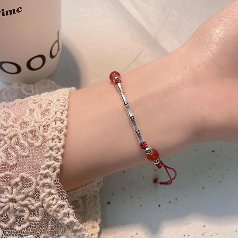Handmade Red Elegant Rope Bracelet For Women With Bamboo Charm Style Chinese