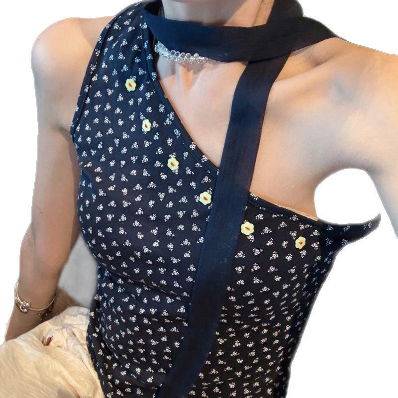 Floral Off-Shoulder Camisole Vest with Hanging Neck Scarf - Women's Slimming Spring/Summer Top