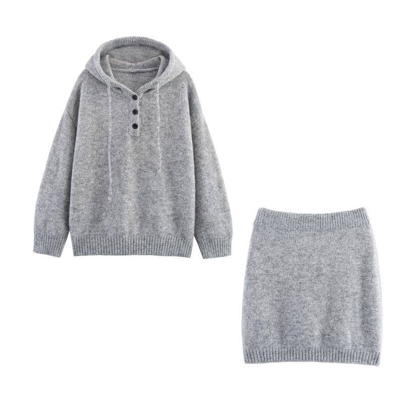 

Kaslead Новая женская одежда Западный стиль Худи Вязаный свитер Длинный рукав Пуловер Комплект с короткой юбкой Light gray All yards