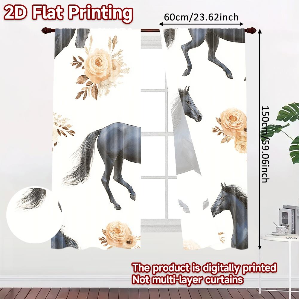 Flat Printing Curtains Without Rod Floral Horses Design Ramadan Festival Fashion Durable Polyester Fabric Curtain Set Of 2 Made Washable