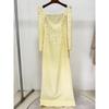 Newest Fashion Designer Vestido Women's Square Collar Beading Diamonds Long Sleeve Maxi Dress