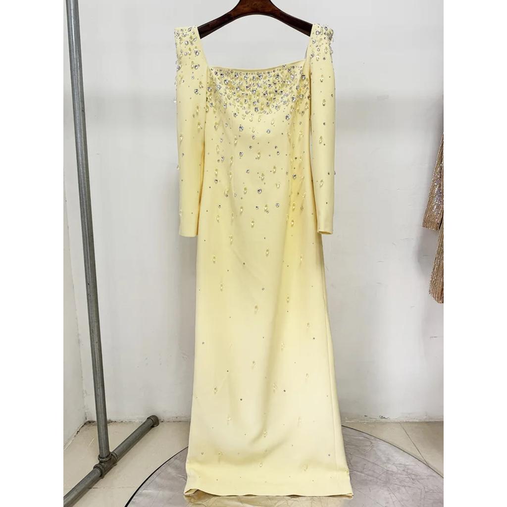 Newest Fashion Designer Vestido Women's Square Collar Beading Diamonds Long Sleeve Maxi Dress