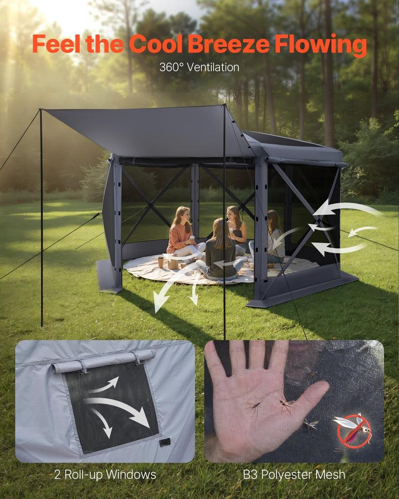 Pop Up Gazebo Screen Tent, 3.6 X 3.6 M Large 6-Sided Camping Canopy Tent with Removable Top & Carry Bag, Quick-Set & Bite-Proof, Screen House Sun