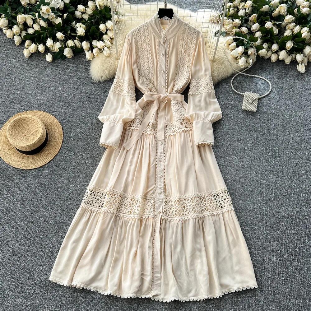Harajuku Stand Collar Lantern Sleeve Lace Mujer Lace Up Mid-length French Style Dresses Patchwork Hollow Out Robe