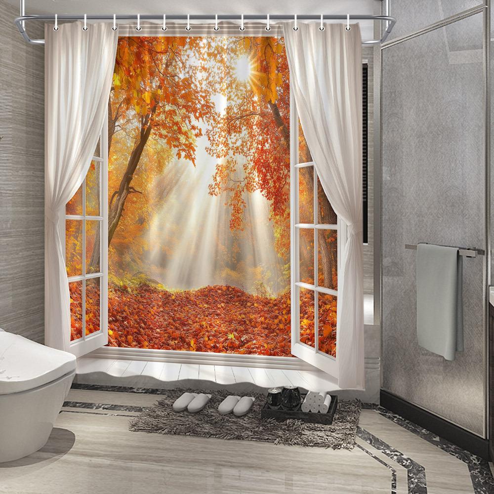 

Polyester Shower Curtain - Red & Blue Heart-Shaped Balloons over Colorful Garden Landscape,Ideal for Bathroom & Courtyard Decor W90XH180cm