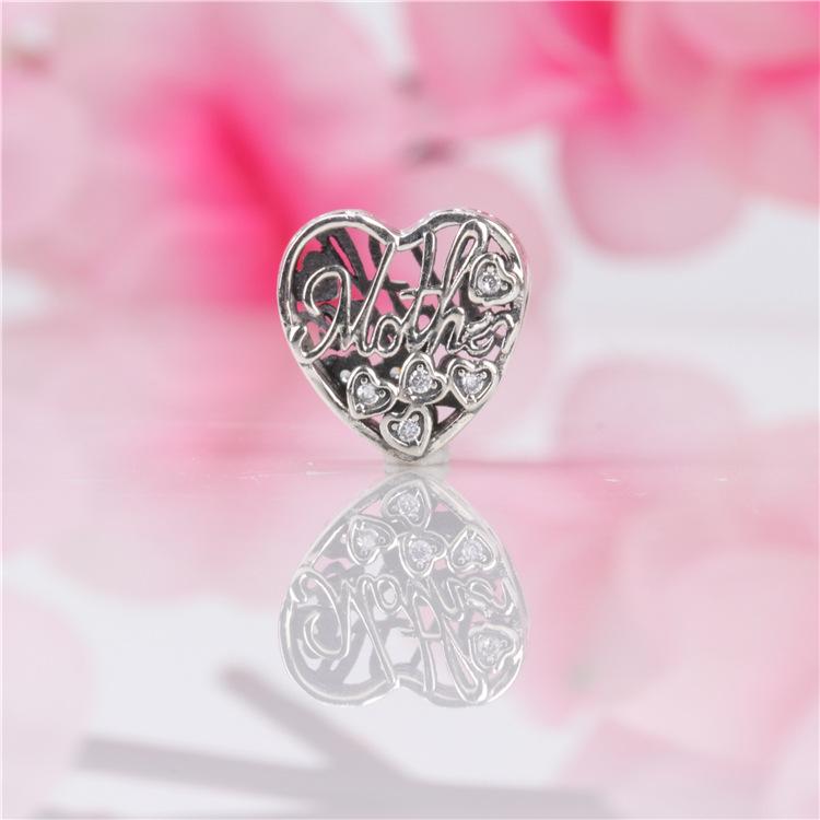 Mother s Day Heart Charm Bead - S925 Sterling Silver Silver