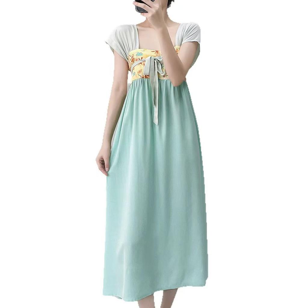 Hanfu nightdress women's summer square neck short-sleeved skirt solid color lace-up national style cotton and silk loungewear mint green cotton silk 