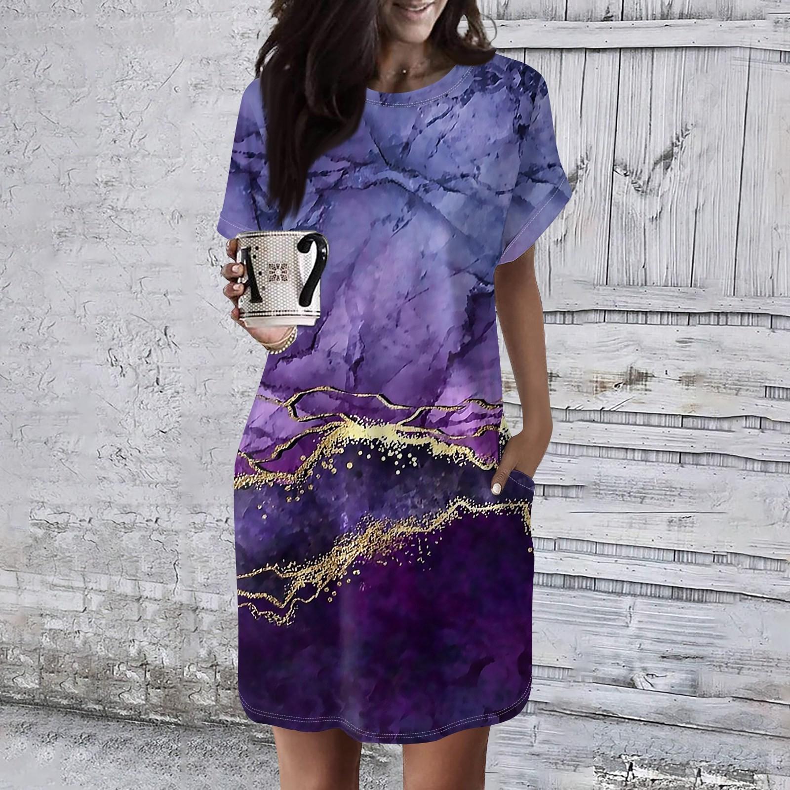 

Жіноча сукня з круглим вирізом і короткими рукавами, повсякденні літні сукні-туніки Вільна сукня з кишенею XXL фіолетовий