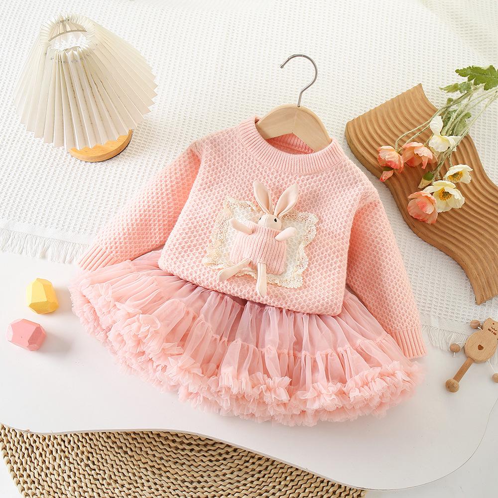 Baby Girls Sweater Set Fall Winter 2004, Pocket Rabbit Round Neck Pullover, Korean Cute Outfit