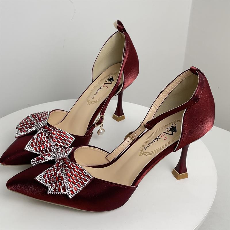 Elegant Ladies Ankle Strap Pumps Crystal Bow Stiletto High Heels Shoes Woman Sexy Pointed Toe Silk Wedding Shoes For Women Bride