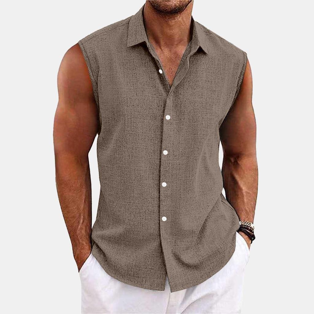 Men's Solid Color Lapel Button Up Vest Shirt T-shirt Top