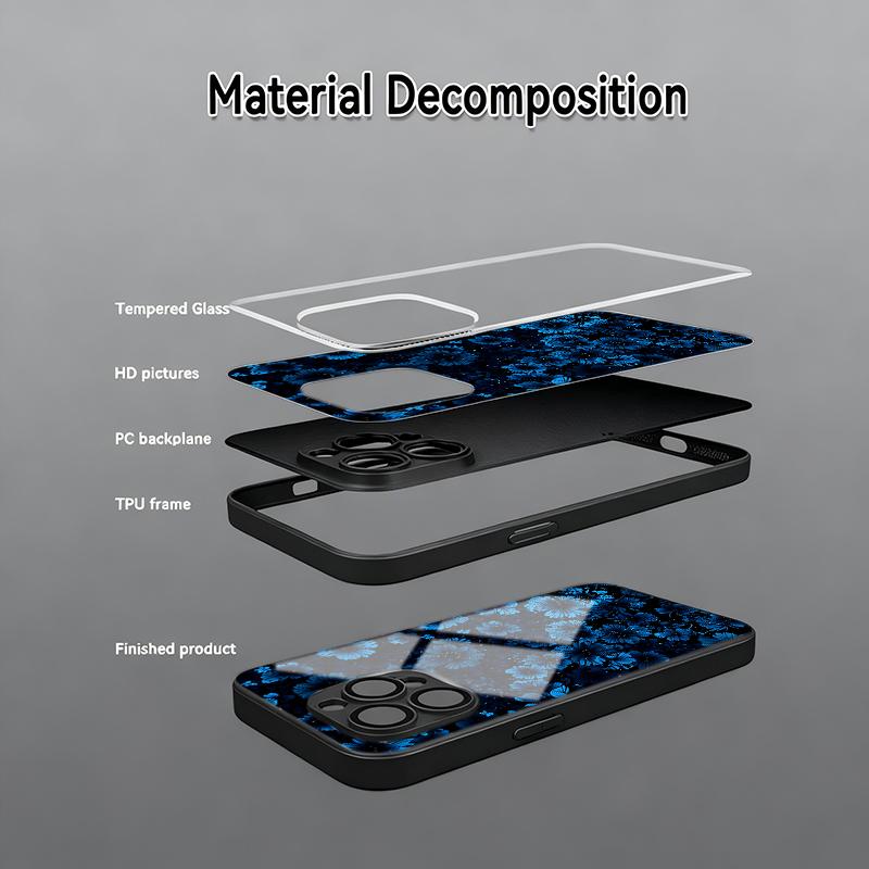 Blue Black Flower Tempered Glass Phone Case for iPhone 17 16 Pro Max 15 14 Plus 13 12 11 Pro 16E 17Air X XR XS MAX 7 8 SE2 Cover