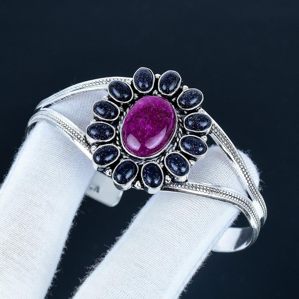 Red Ruby Gemstone Handmade Cuff Bangle 925 Sterling Silver Cuff Bangle, Blue Sunstone Flower Shape Bracelet For Wife, Unisex Bangle, Gift