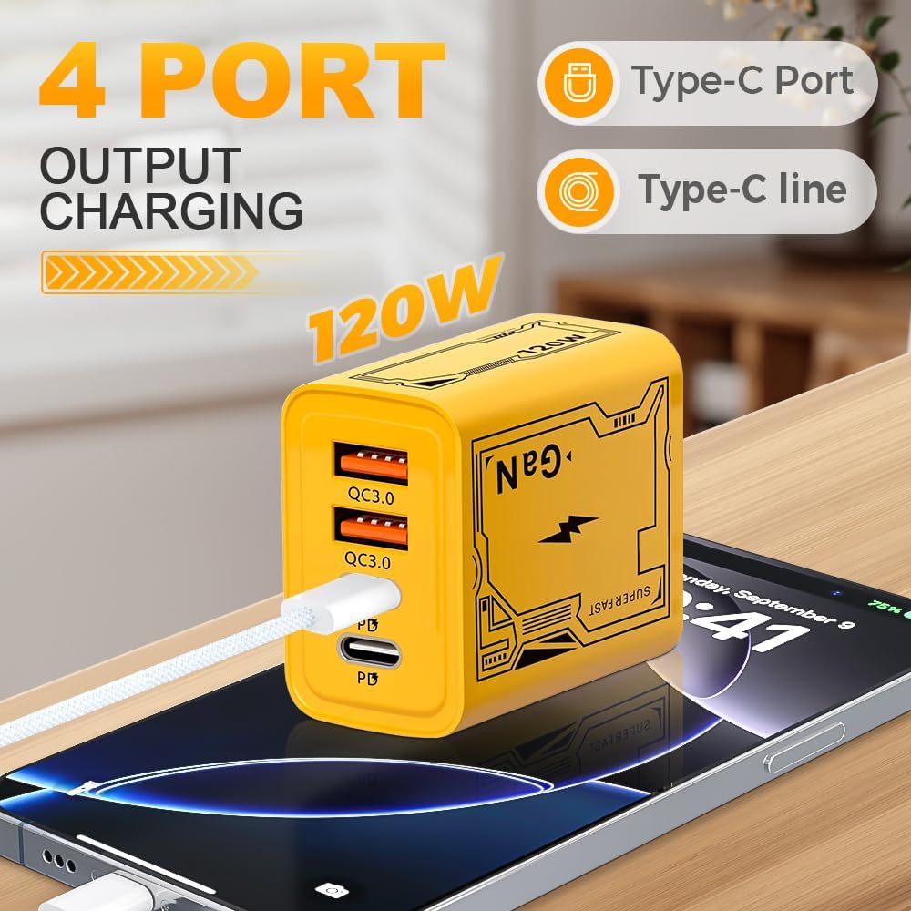 4 Ports 120W Charger Adapter 2 USB + 2 Type-C Fast Charging Charger Adapter for Iphone Xiaomi Samsung Huawei