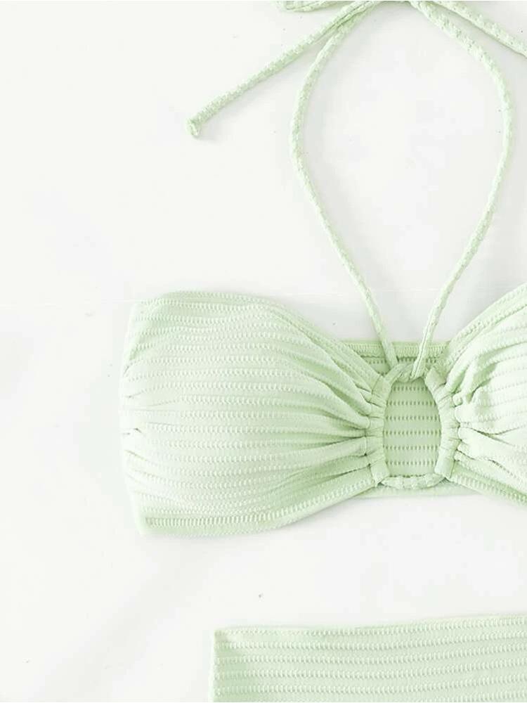 2025 Neues dreiteiliges Bikini-Set Sexy Damenkleid Einfarbiges Neckholder-Badeanzug Hohl Rückenfreies Badebekleidung Enganliegend Push-up Strandbadeanzug