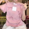 Tshirt With Butterfly Bow Pattern Polyester Short Sleeve Summer Casual Top For Women
