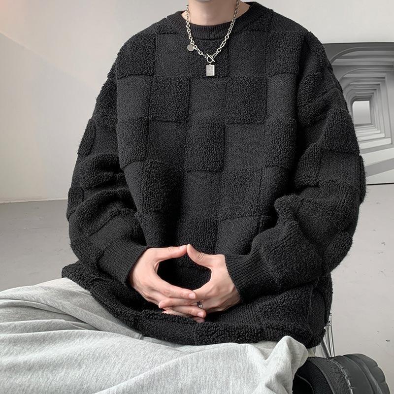 Herbst und Winter Übergröße Karopullover Hongkong-Stil Neutral Lässig Locker Geschnitten Strickpullover Jacke