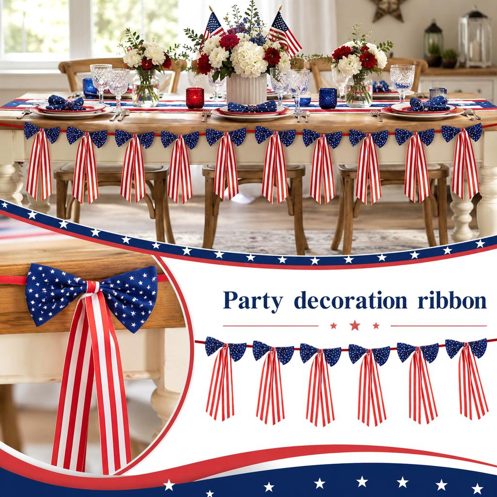 Patriotic Star Bow Tassel Banner Hanging Decoration for Memorial Day Independence Day Party Indoor Outdoor Decor