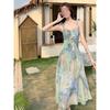 Dopamine Stunning Monet Garden Oil Painting Suspender Dress Women's Summer Seaside Vacation Unique Pinch Waist Tyndall Dress