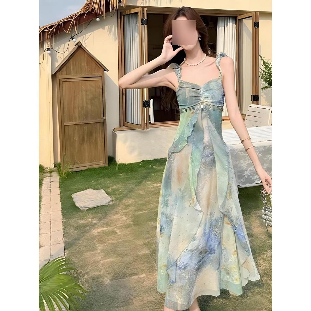 Dopamine Stunning Monet Garden Oil Painting Suspender Dress Women's Summer Seaside Vacation Unique Pinch Waist Tyndall Dress