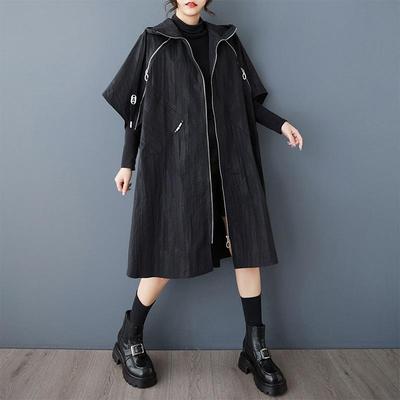 Short Sleeve Plus Size Black Vintage Hooded Casual Loose Autumn Spring Trench Coat for Women Outerwear