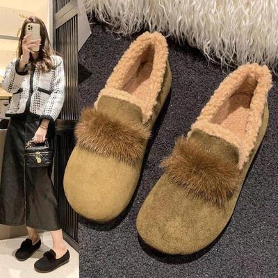 Mokassin-Schuhe für Damen aus Wildlederimitat, flauschiger Plüsch, mit Kunstfell gefüttert, Loafer-Schuhe für den Winter, warm, rutschfest, für drinnen und draußen, niedrige Spitze, ultraleicht, lässig, flache Schuhe