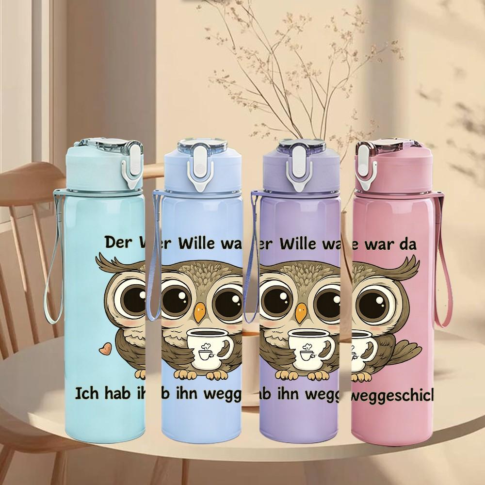 1PC German Text Owl Cartoon Print 750ml Color Plastic Sports Water Bottle Leakproof Flip Straw Lid Suitable for Sports Office Home Use