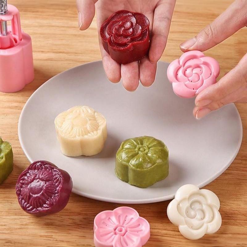 Flower Mooncake Mold Set 1 Mold 5 Stamps Diy Manual Flower Cookie Stamps Mooncake Maker Baking Tool Kitchenware Supplies