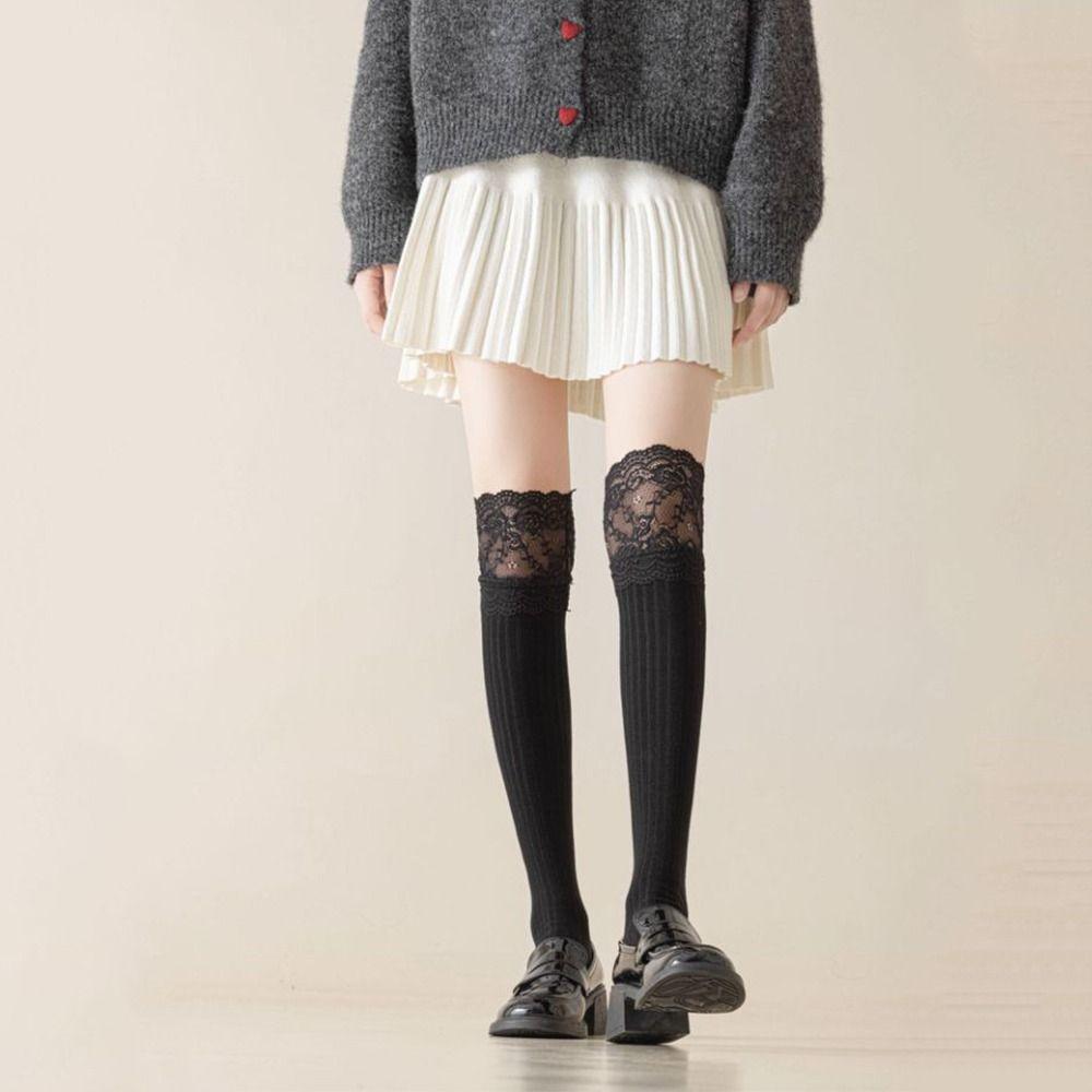 Breathable Girl's Stacked Socks Solid Color Knee High Socks Trendy Knitted Stockings  Lolita Style