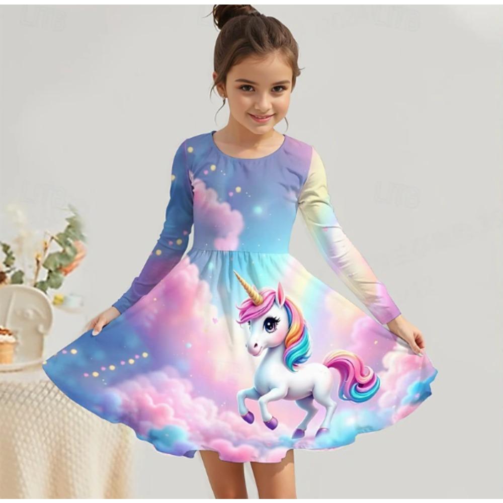 Girl Casual 3D Unicorn Pattern Print Round Neck Long Sleeve Dress Kid Princess Dress
