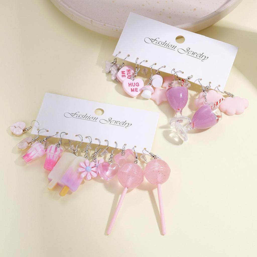 New Fashion Cute Cartoon Pink Earring Set Colorful Dopamine Acrylic Earrings for Women Girls New Trendy Jewelry Accessories Gift