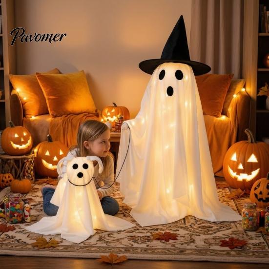Haunted House Party Supplies Halloween Ghost Walking Dog Decor with LED String Light, Spooky Glowing Battery Powered Lights Puppy for Outdoor