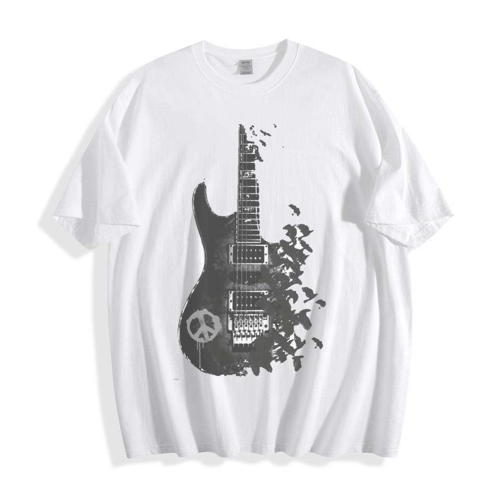 Peace Rock Guitar T-Shirt - Edgy Black and White Graffiti Design Unisex Tee