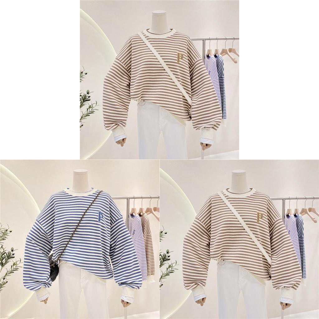 College Style Striped Sweatshirt For Women With Splicing Design And Long Sleeves