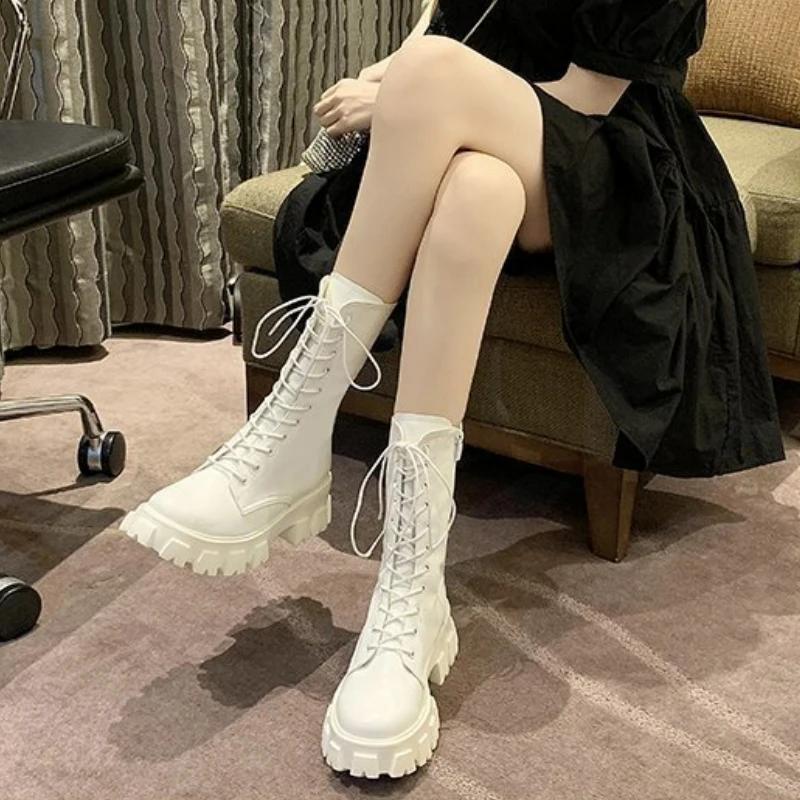 Fashion New Mid Calf Boots Women Autumn Winter Fashion Lace-up Ladies Chelsea Zipper Botas Mujer Boots Sports Platform Heel Ladies Shoes