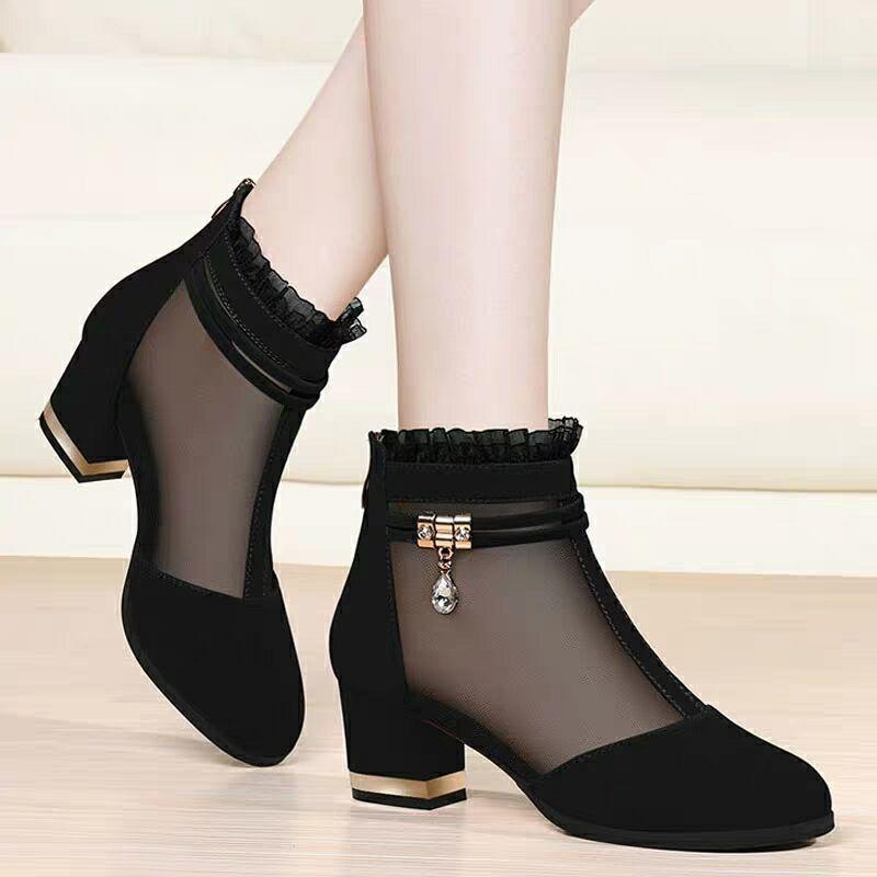 Mesh Women's Shoes Medium Heel Shoes Women's Thick Heel Short Tube Women's Boots Women's Shoes Spring and Autumn New Black Shoes Women's Shoes Women