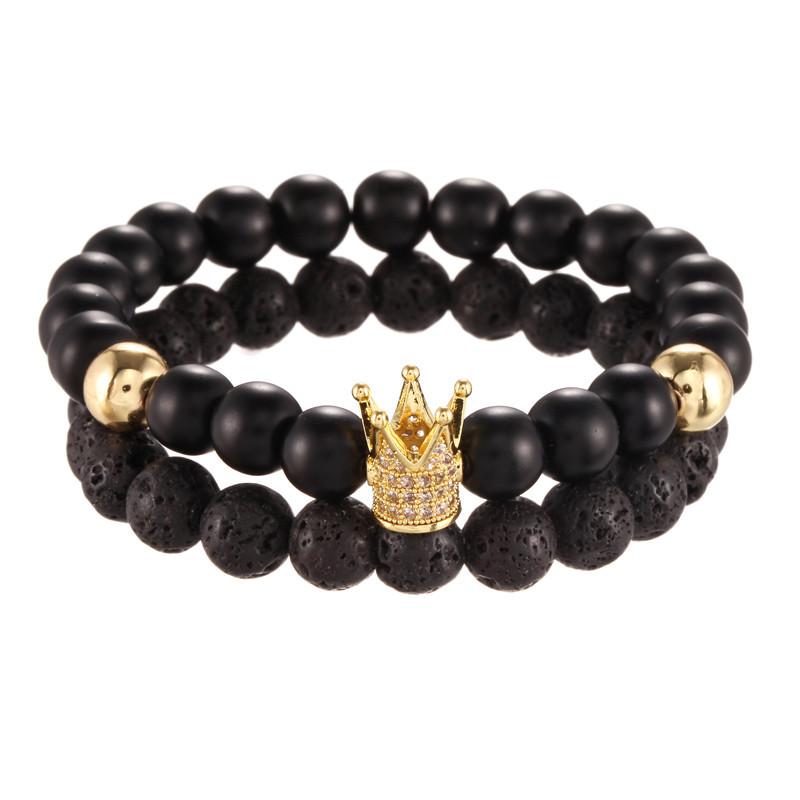 Accessories 8mm black matte lava stone micro-inlaid zircon crown two-piece set bracelet bracelet men