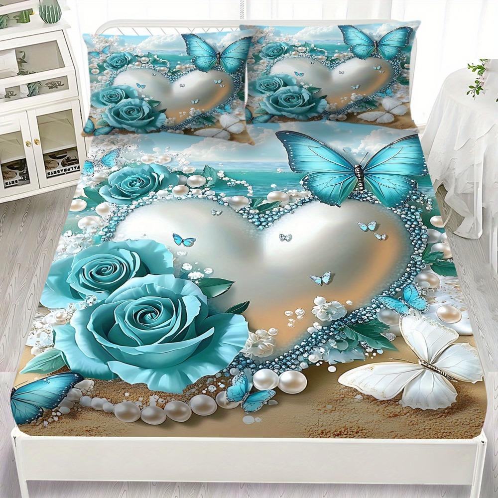 

3pcs Blue Fitted Sheet Set Butterfly Rose Heart Love 3D Printed 100% Polyester Cover Breathable Bedding Set with 2 Pillowcases Twin99x190x25cm