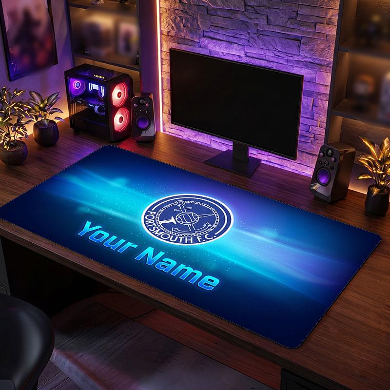 Portsmouth FC Custom Large Mouse Pad, Personalized Name Text Print, Football Logo Non‑Slip Desk Mat Gaming Gift
