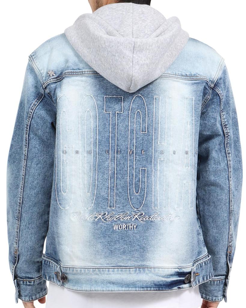 GATCHA Stretch Blast Wash Denim Jacket with Detachable Size and Clothing Hood, Bleach, L, 241G1622, Men's Women's, Spring/Summer