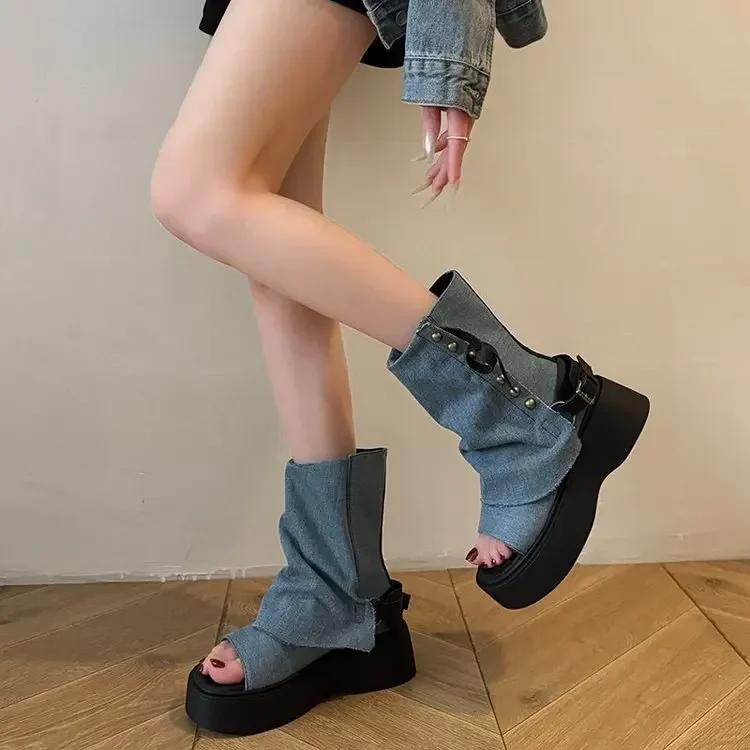Fashion French Retro Breathable Women's Sandals Summer Outdoor Fashion Short Boots Denim Material Rubber Sole Comfortable Walking Shoes