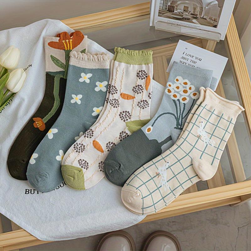 

5 пар носков с цветочным принтом, удобные и симпатичные носки средней длины, женские чулки и чулочно-носочные изделия One-size